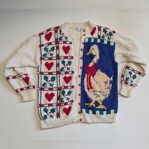 Talbots Women's Christmas Hearts Hand Stitched Knit Sweater Cardigan Medium